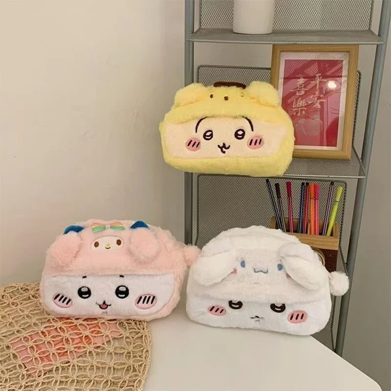 Kawaii Cartoon Plush Pen Bag Large Capacity Fluffy Stationery Organizer with Animal Face Design