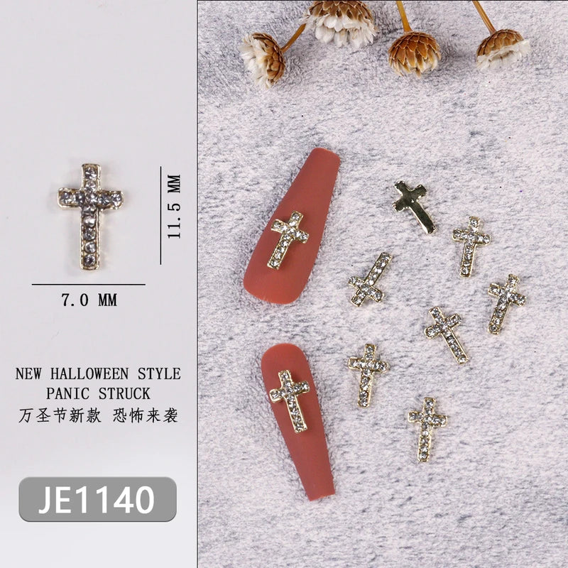 10Pcs Glitter Cross Nail Charms - Silver & Gold 3D Nail Art Decorations