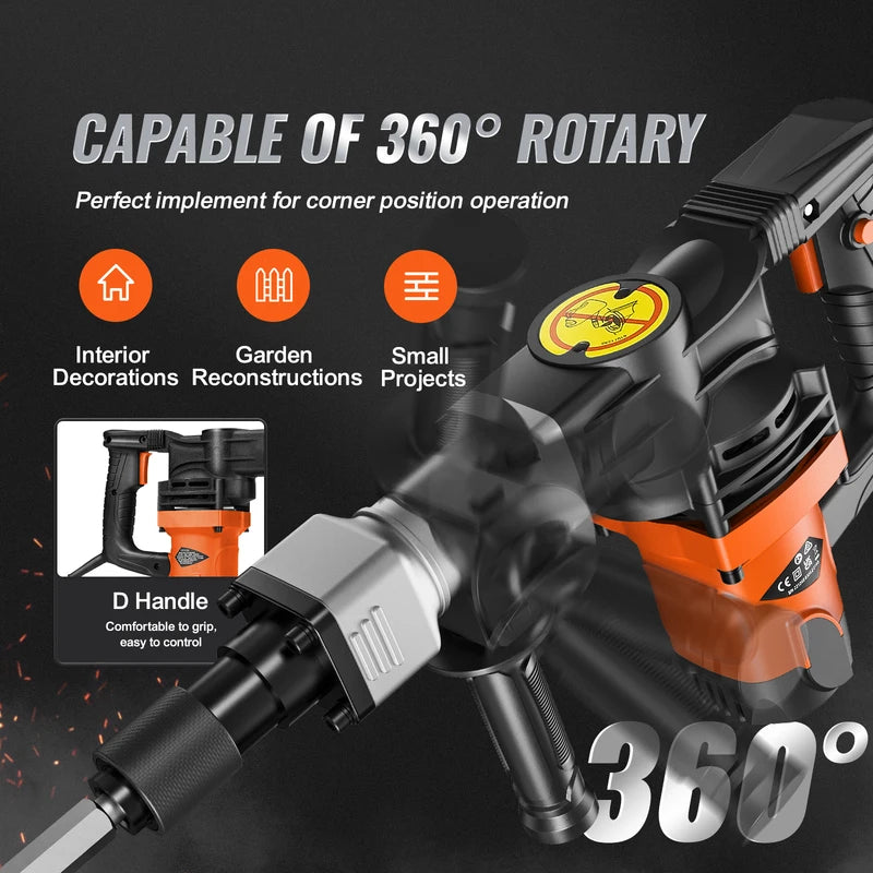 1400W Electric Demolition Jack Hammer Heavy Duty Concrete Breaker with 2 Chisels