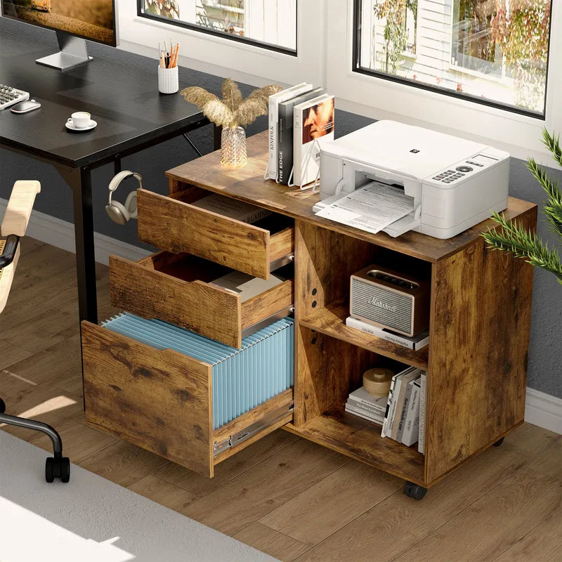 Wooden 3-Drawer Mobile Storage Cabinet Chest with Wheels - Modern Living Room Organizer