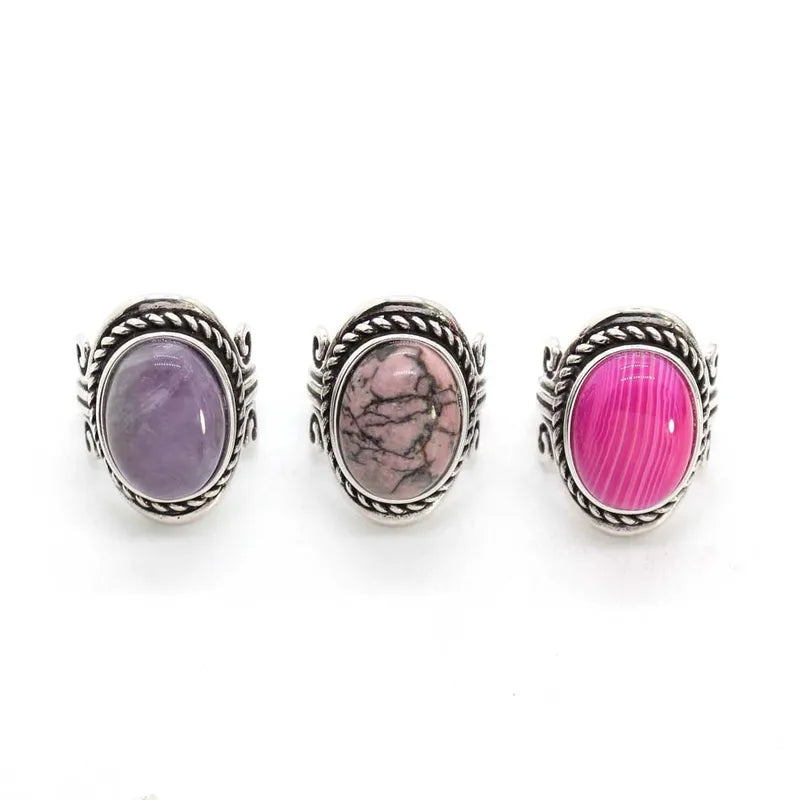 Vintage Adjustable Gemstone Ring for Men & Women - Rose Quartz, Amethyst, Onyx, Agate Jewelry