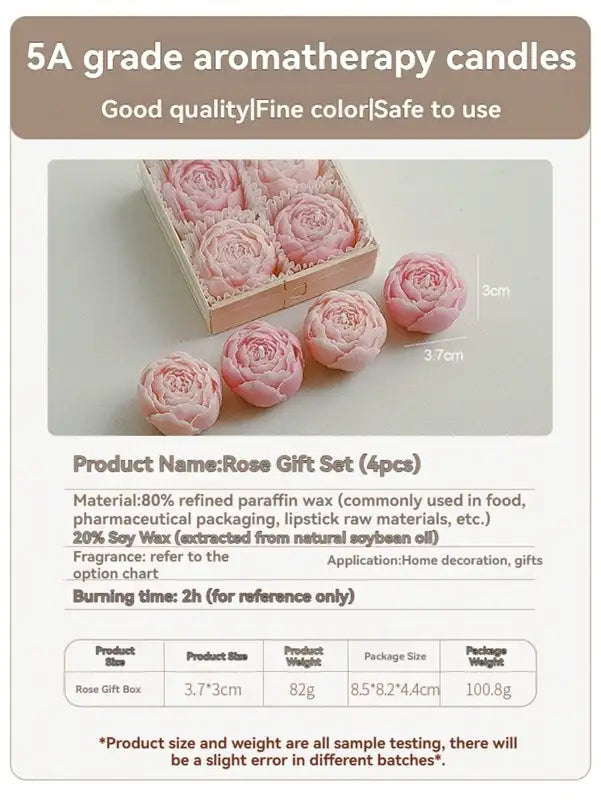 Rose Flower Shaped Soy Wax Candle Set of 4 - Handmade Decorative Gift Box