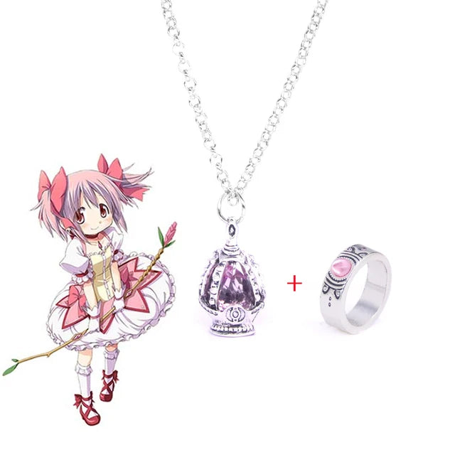 Anime Necklace Set - Madoka Magica Soul Gem Pendant & Ring Jewelry