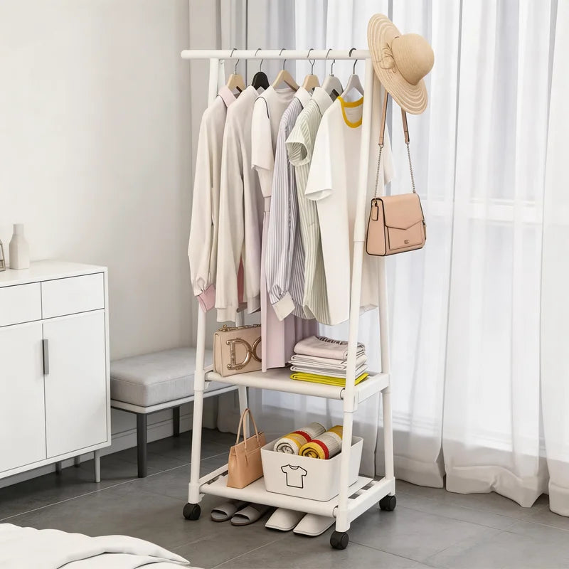 Multifunctional Movable Coat Rack Stand with Shelves Space-Saving Clothes Organizer