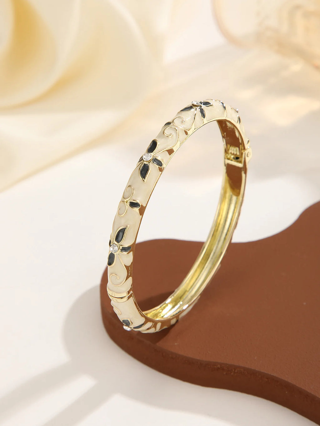Colorful Floral Enamel Bracelet for Women - Gold Tone Open Cuff Jewelry