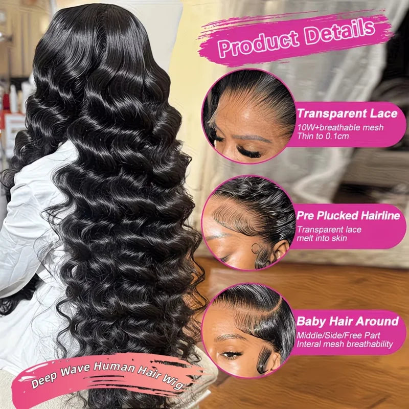 Deep Wave Human Hair Wig 13x6 HD Lace Front Pre-Plucked 200% Density for Women