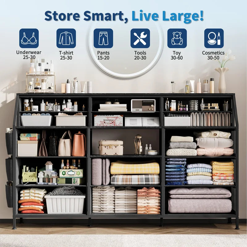 14-Drawer Storage Dresser & TV Stand with Shelves - Wide Fabric & Wood Chest for Bedroom & Living Room