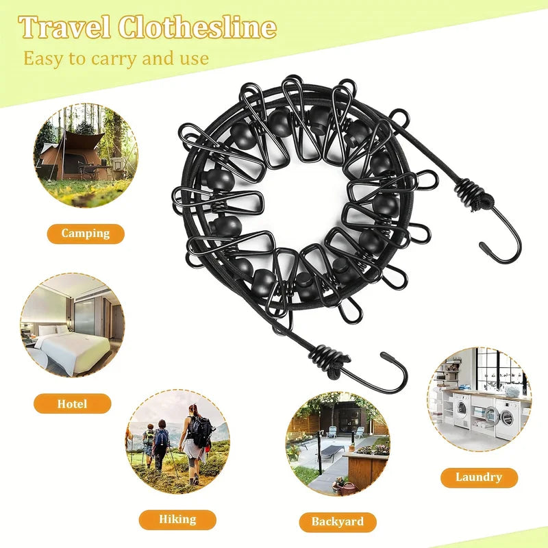 Portable Travel Clothesline with 12 Clips - Retractable Non-Slip Drying Rope for Indoor & Outdoor Use