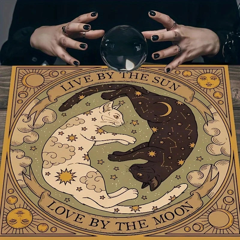 Celestial Sun and Moon Cat Altar Tablecloth with Starry Sky and Tarot Elements — Multiple Sizes