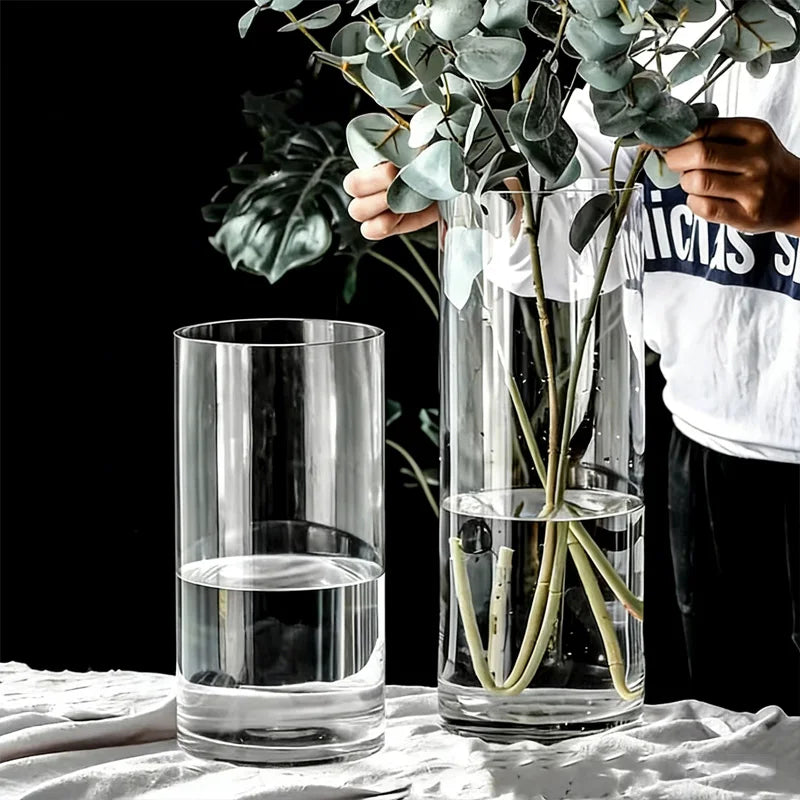 Extra Large Clear Tall Cylinder Glass Vase - Hydroponic Flower Arrangement Set of 2