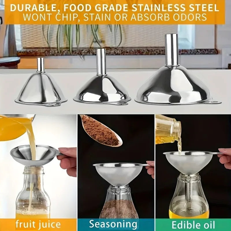 Stainless Steel Kitchen Funnels Set with Silicone & Wide Mouth Options - Food-Grade Accessory