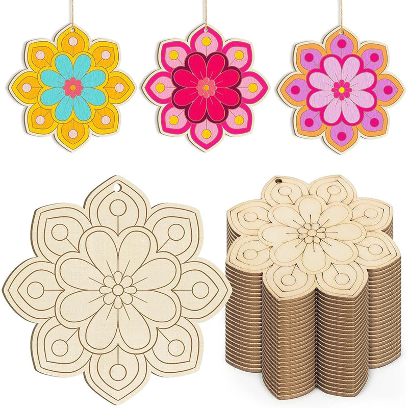 10pcs Unfinished Wooden Flower Ornaments for DIY Crafts, Christmas Hanging Decor
