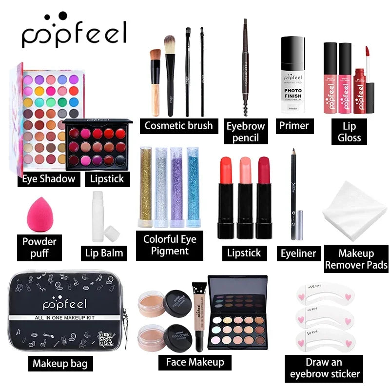 Complete Makeup Kit for Women Eyeshadow Lipstick Eyebrow Concealer & Brush Set