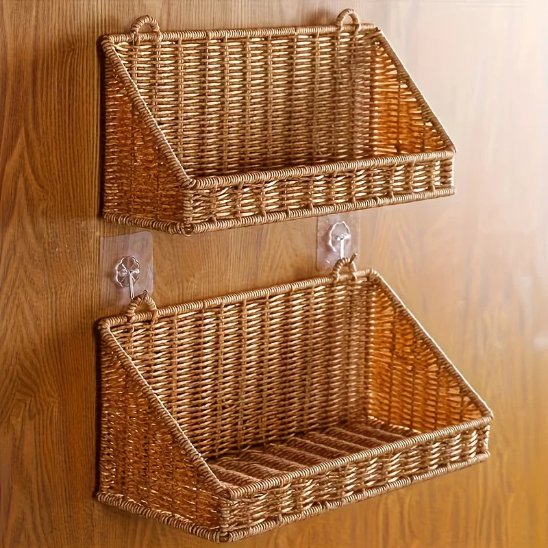 Rustic Wall-Mounted Woven Rattan Basket with Hooks for Bathroom Kitchen Bedroom