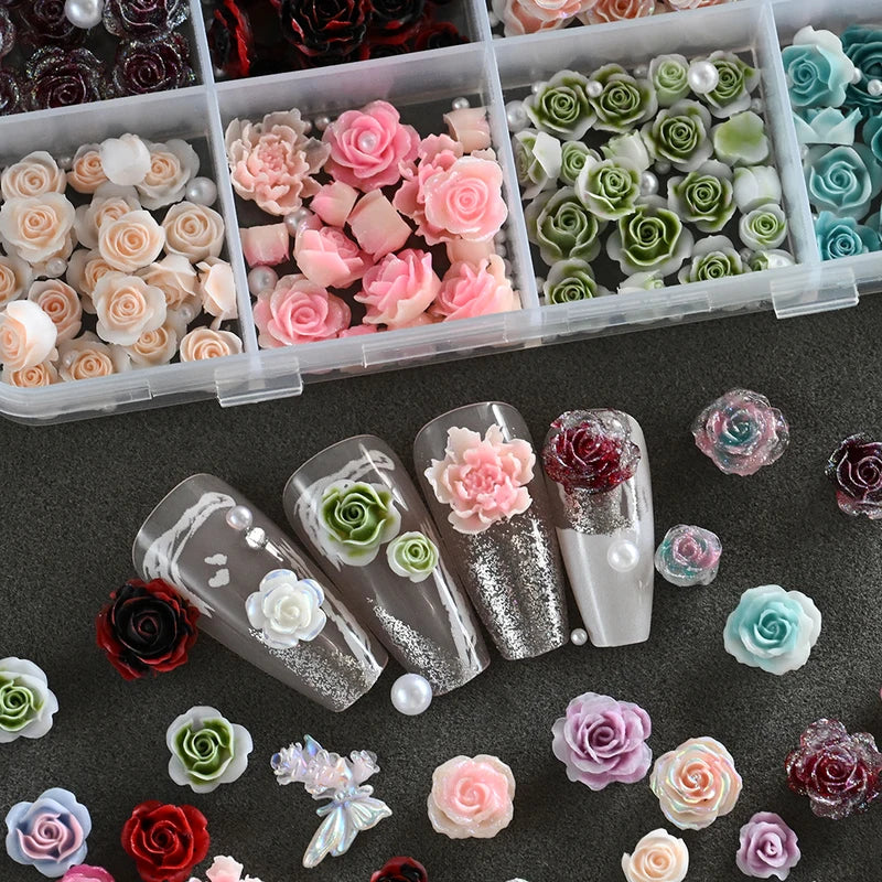 12-Grid 3D Floral Butterfly Pearl Nail Art Charms for DIY Manicure Decorations