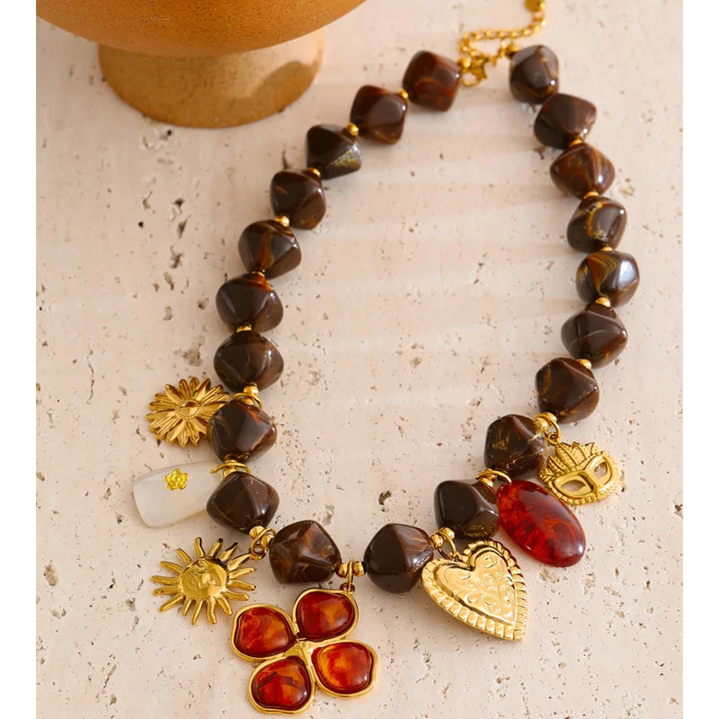 Handmade Resin Flower Heart Sun Pendant Necklace - Waterproof Stainless Steel Chain