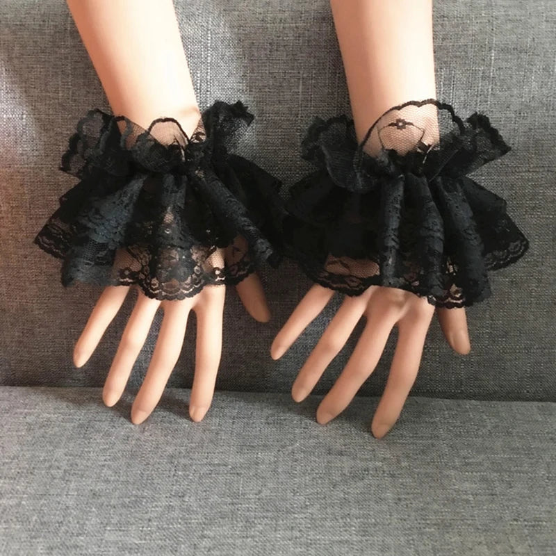 Elegant Lace Wrist Cuffs - Ruffled Floral Short Gloves for Women & Girls