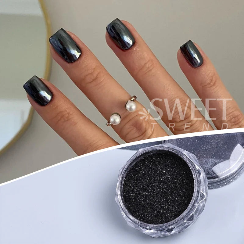 Black Mirror Nail Glitter Pigment 2pcs Y2K Chrome Rubbing Dust for Manicure