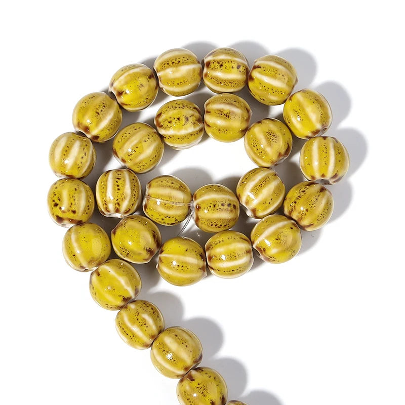 Pumpkin Shape Stripe Ceramic Beads for Jewelry Making - Colorful Floral Glaze, 11.5mm, 1 Strand