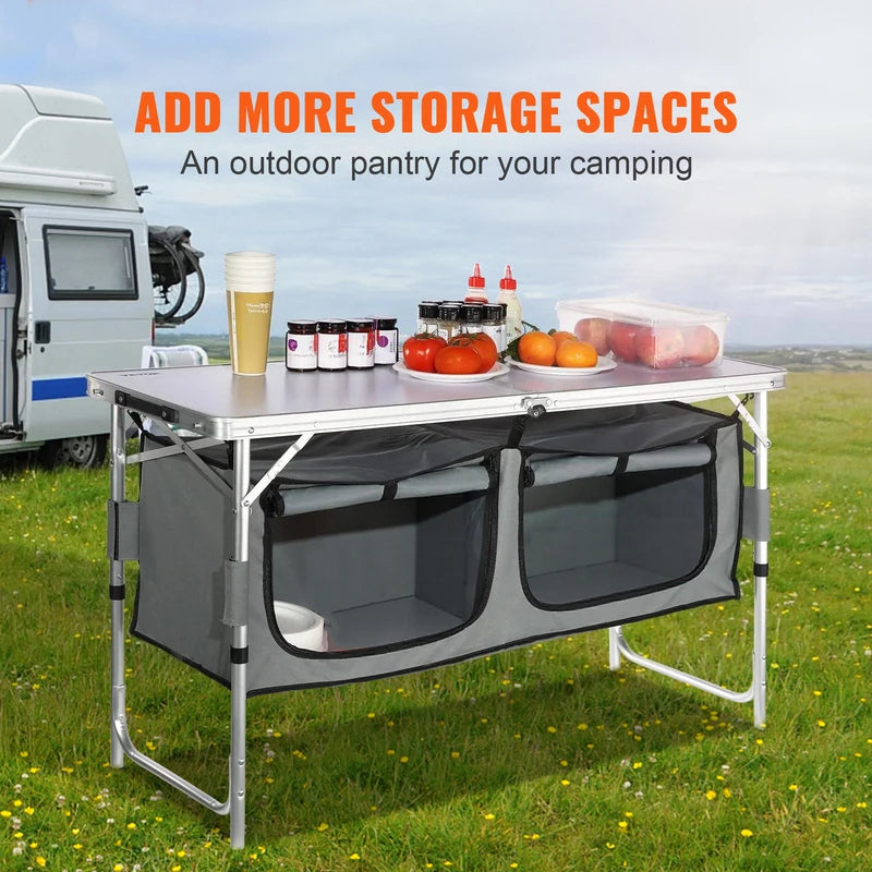 Portable Folding Camping Kitchen Table with Adjustable Heights and Storage