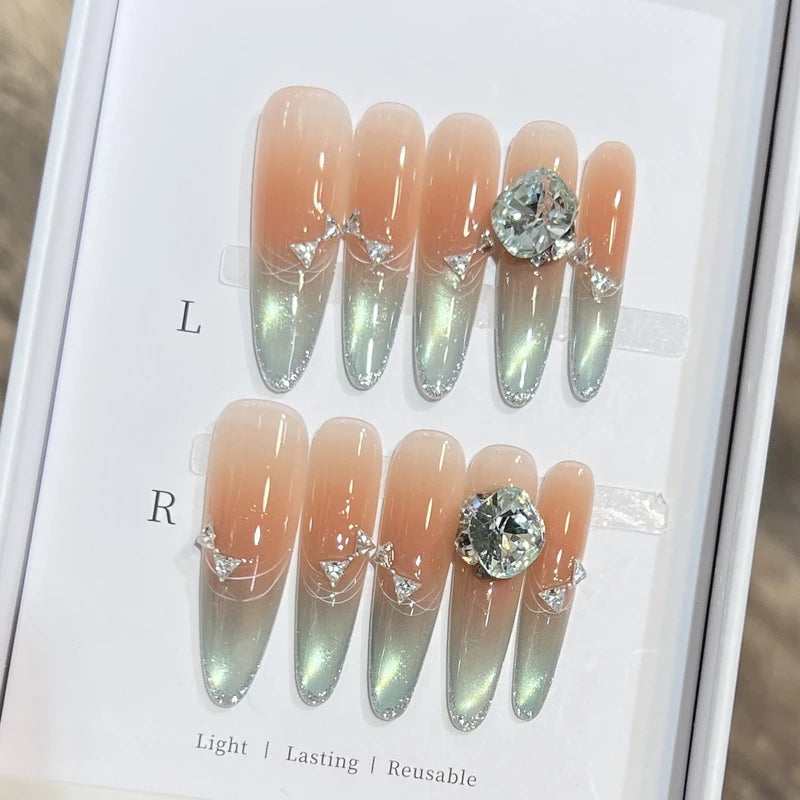 10pcs Long Almond Fake Nails Tips with Pearl and Floral Design - Multiple Colors