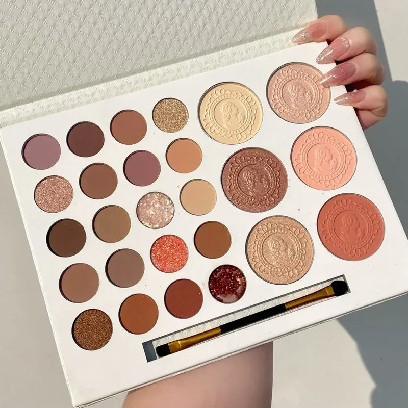 26-Color Eyeshadow Palette with Blush - Long Lasting Matte & Pearlescent Shades