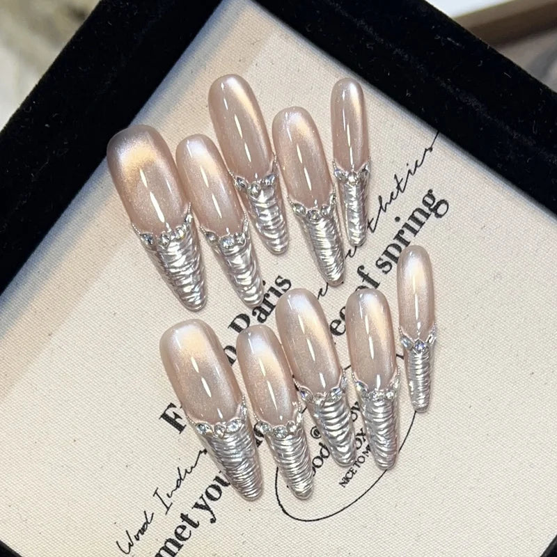 10pcs Long Almond Fake Nails Tips with Pearl and Floral Design - Multiple Colors
