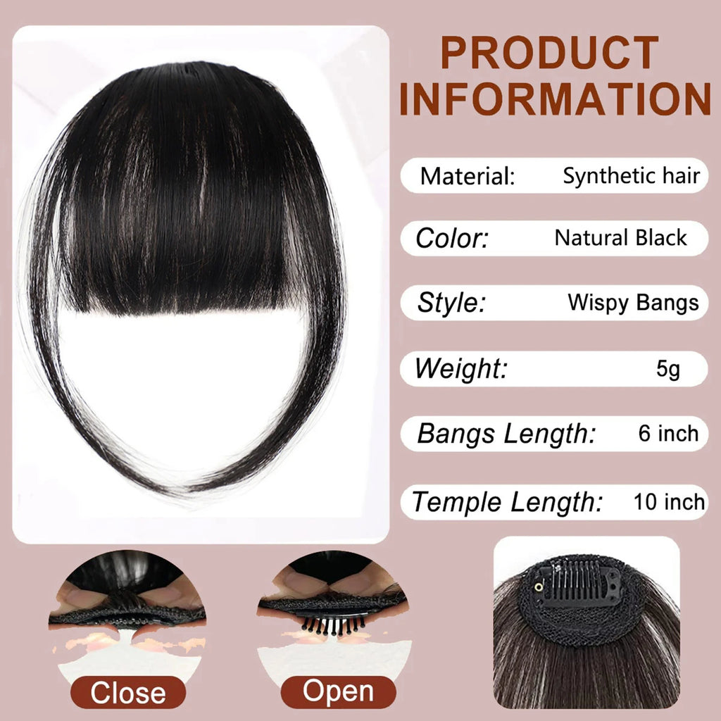 Clip-In Bangs Extensions for Women Natural Black Hairpiece Fringe with Temples