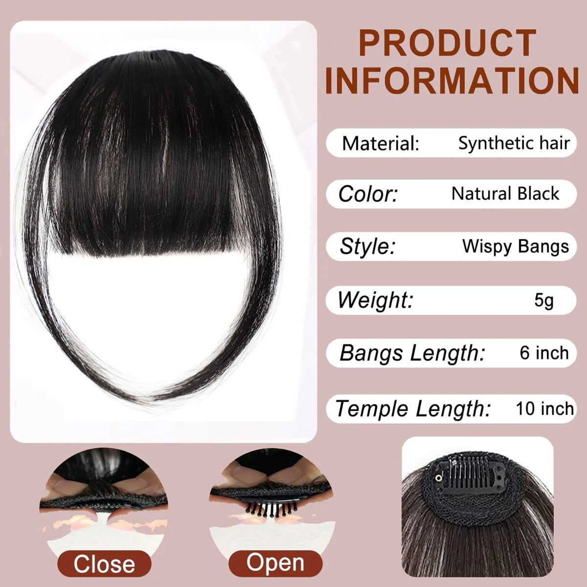 Clip-In Bangs Extensions for Women Natural Black Hairpiece Fringe with Temples