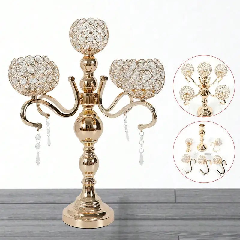 Gold Plated 5-Arm Crystal Candle Holder Tabletop Candelabra for Wedding & Home Decor