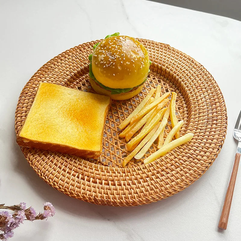 Handmade Rattan Serving Plate - 33cm Round Concave Tray for Home & Dining