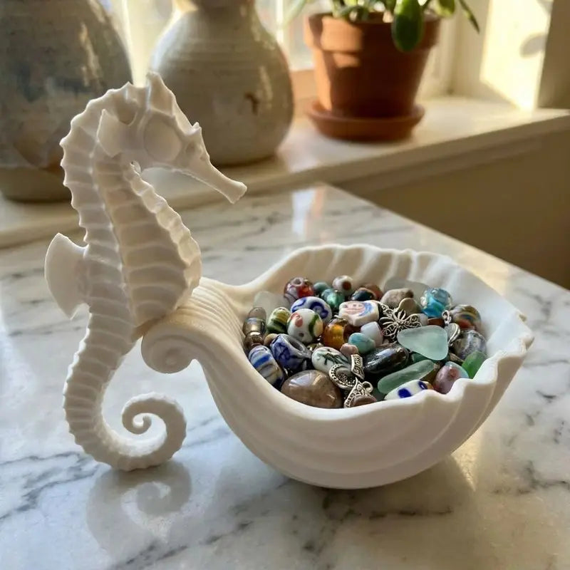 Seahorse-Shaped Plastic Jewelry Storage Tray - Desktop Organizer, White