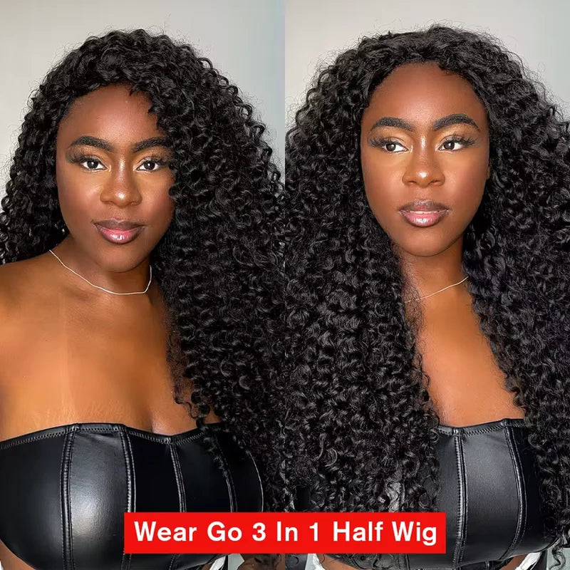 Kinky Curly Human Hair Half Wig 3-in-1 with Drawstring 16-22 Inch, 200 Density