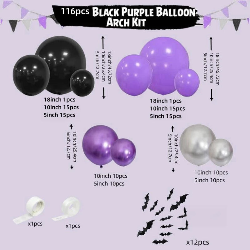 Halloween & Party Balloon Kit - 116 Pieces Black Purple Silver Latex Balloons