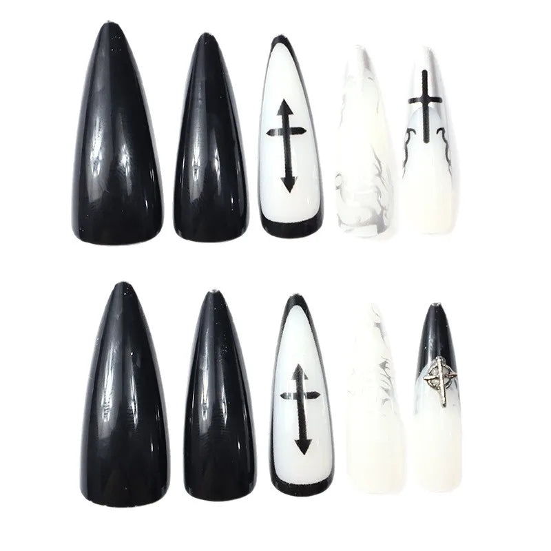 24Pcs Long French Press-On Nails - Dark Edgy & Elegant Fake Nail Set