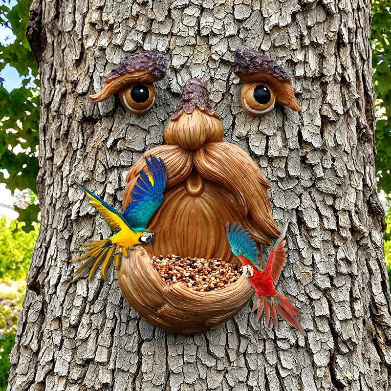 Outdoor Tree Face Bird Feeder with Glowing Eyes Yard Garden Decor - Old Man Tree Sculpture