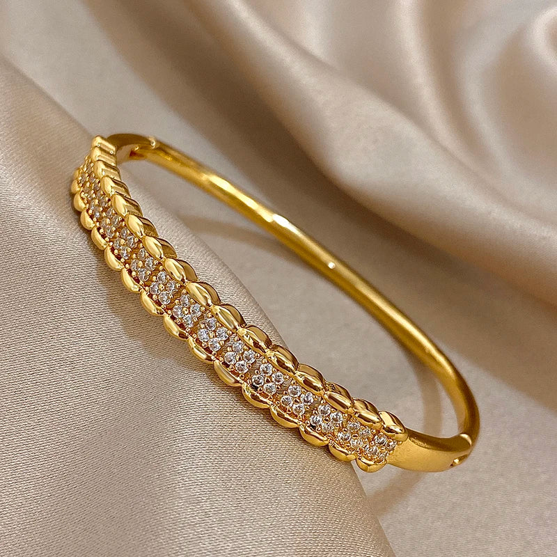 Multilayer Zircon Cuff Bracelet for Women Gold Plated Copper Jewelry
