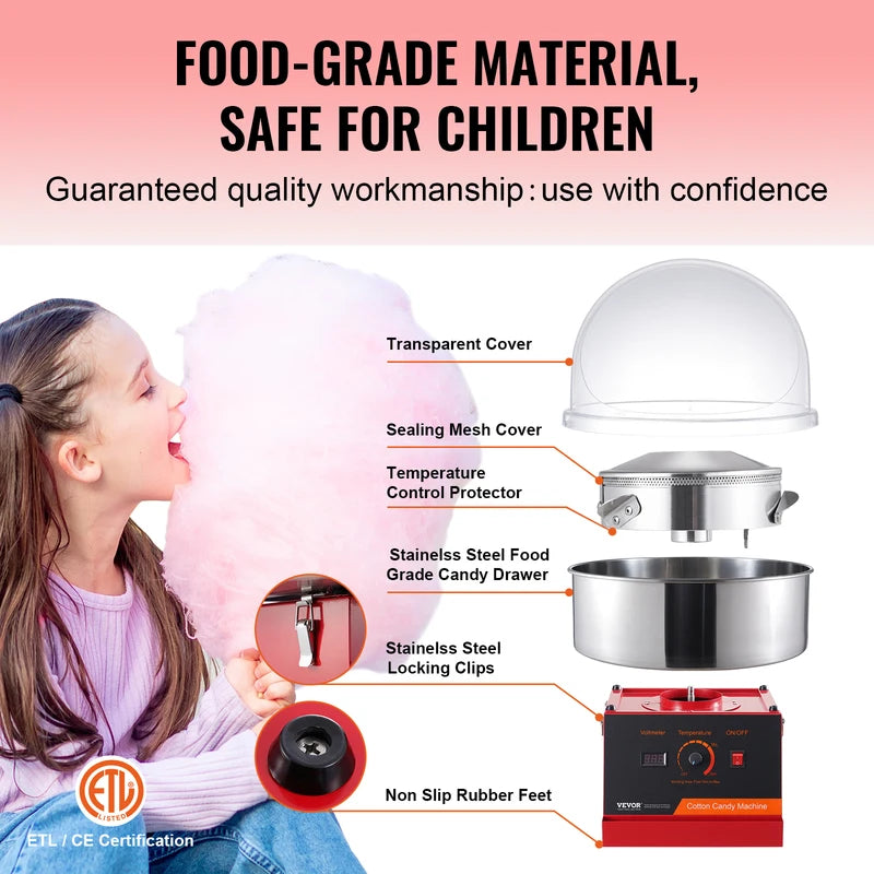 Commercial Electric Cotton Candy Machine 1000W Stainless Steel Bowl & Sugar Scoop