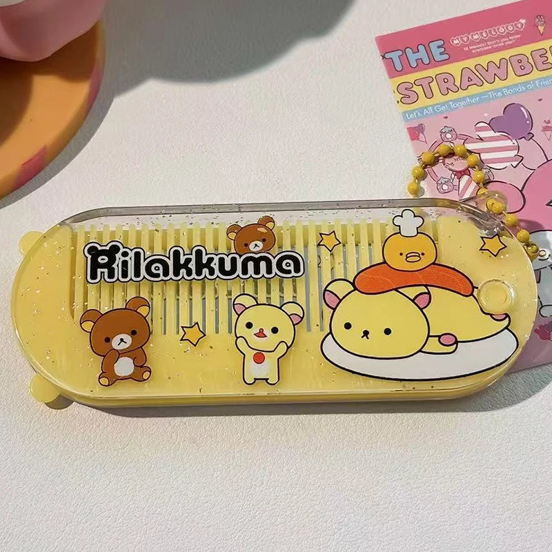 Cute Rilakkuma Folding Comb Mirror Set for Girls - Portable Hair Brush & Massage Tool