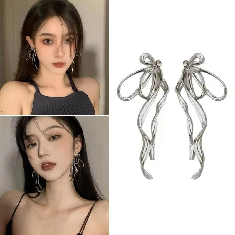 Korean Irregular Bowknot Drop Earrings - Silver Color Metal Line Big Long Jewelry for Women
