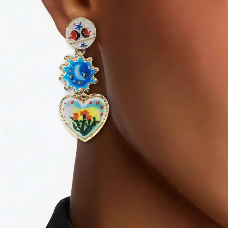 Asymmetrical Enamel Dangle Earrings Geometric Zircon Bohemian Jewelry for Women