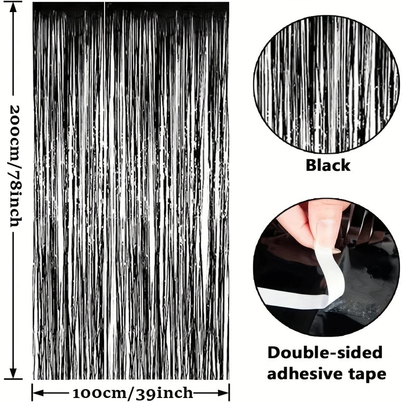 Black Tassel Background Decoration Set for Events and Parties - Metallic Foil Tassel Curtain