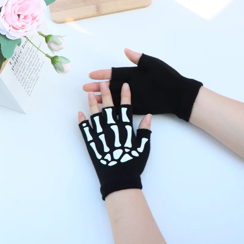 Luminous Skeleton Half Finger Gloves for Halloween Costume Black Knitted Fingerless Gloves Skull Accessory