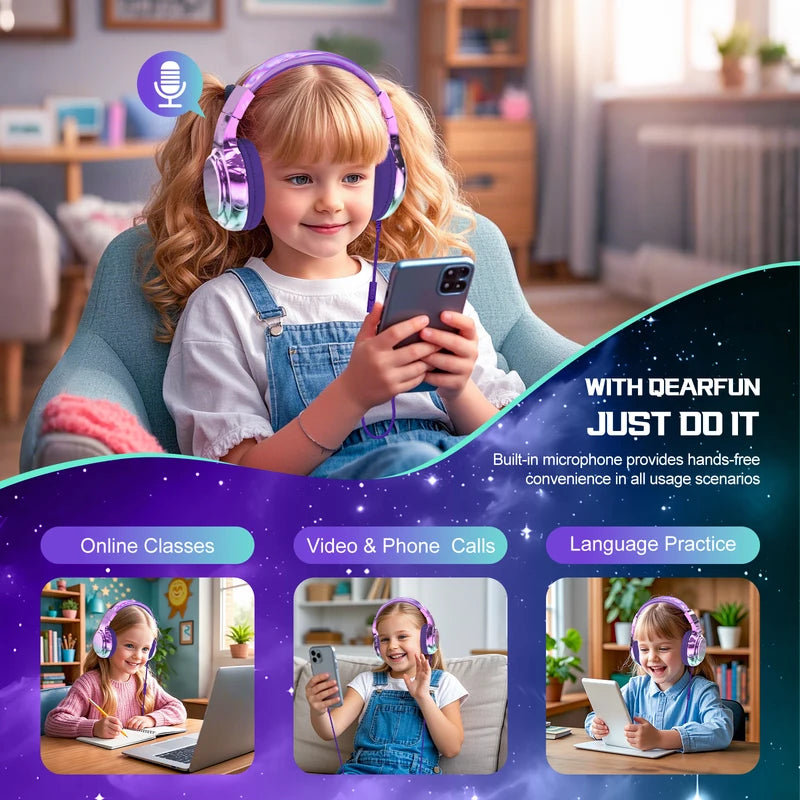 Kids Wired Headphones with Volume Limiter for School & Learning - Foldable Stereo Sound with Mic