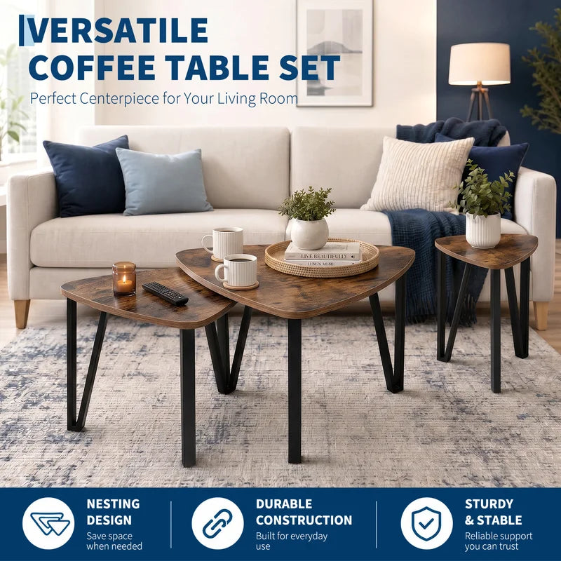 Set of 3 Triangle Nesting Coffee & Side Tables - Industrial Multi-Size Accent Tables