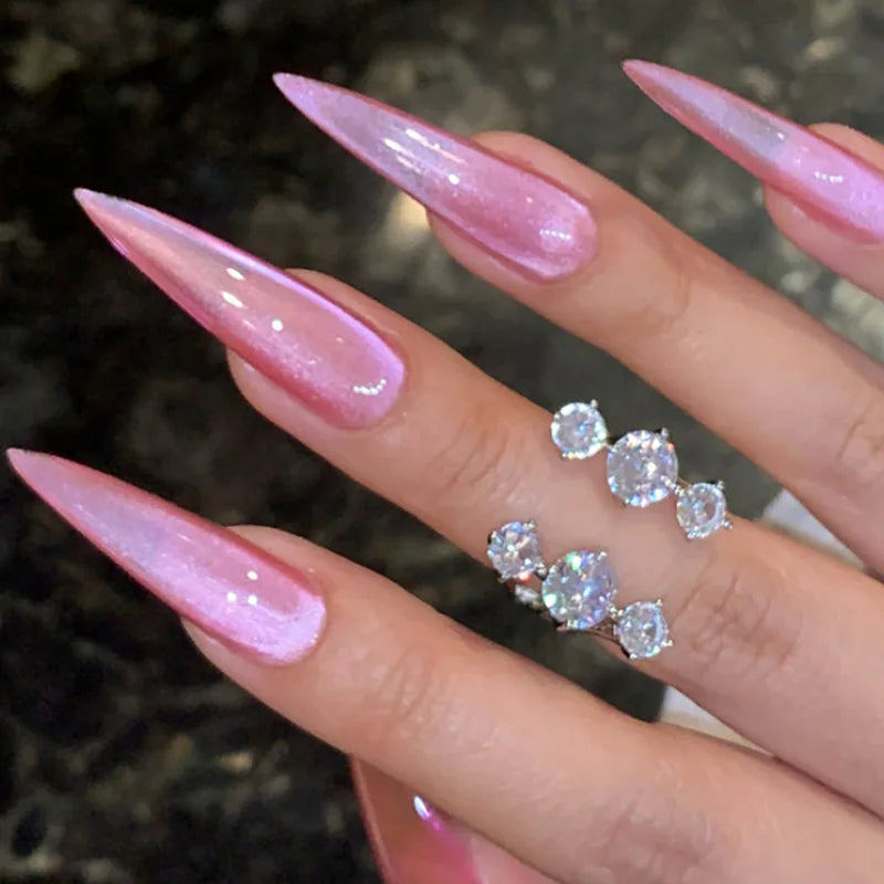 24Pcs Solid Color False Nail Set with Cats Eye Design, Long Stiletto Press-On Tips