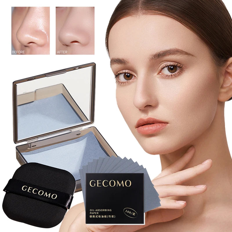 Oil Control Blotting Sheets with Case & Powder Puff for Oily Skin - 200pcs