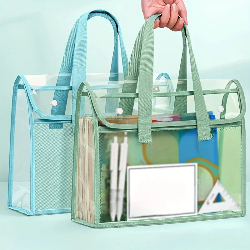 Clear Green PVC Tote Bag with Multiple Pockets for School & Office Storage
