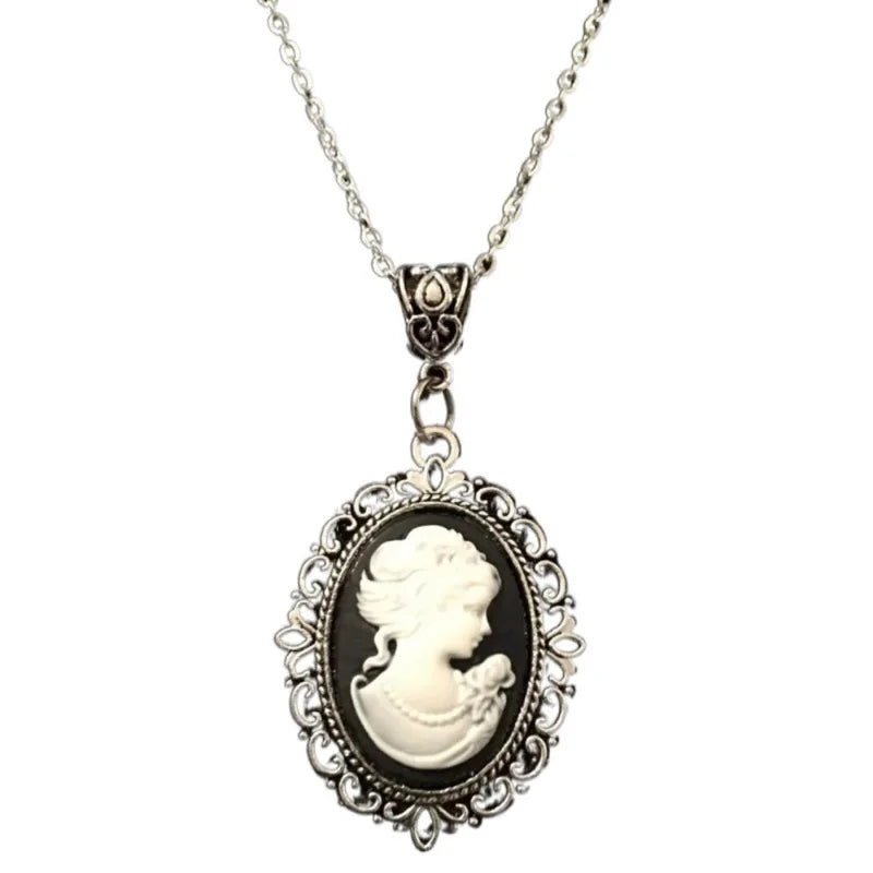 Black Oval Cameo Pendant Necklace for Women Gothic Jewelry 18-inch Chain