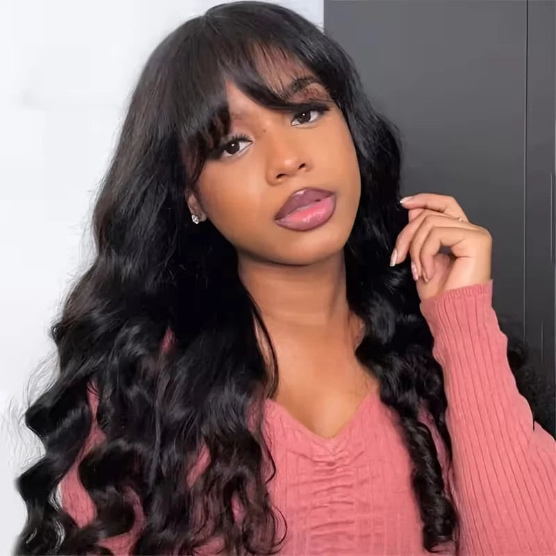 Body Wave Human Hair Wigs with Bangs - Full Machine Made Lace Wig, Brazilian Natural Color